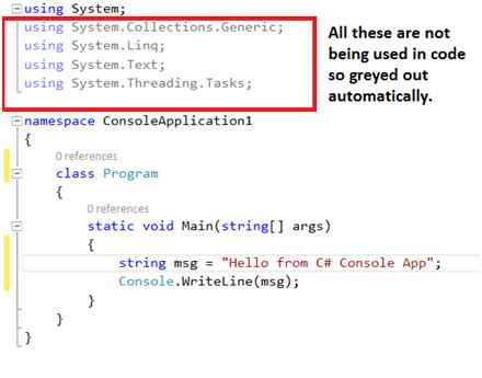 Greyed out using statements in Visual Studio 2015
